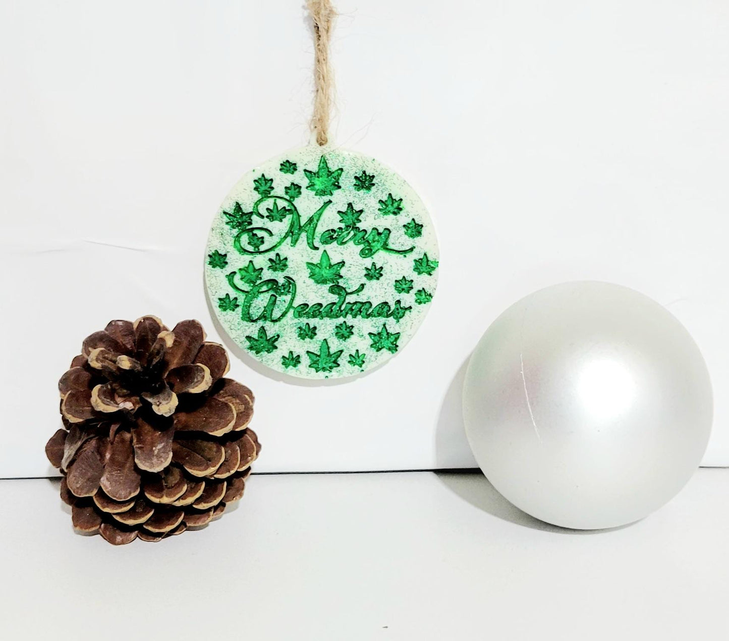 Green and White Hand Crafted Merry Weedmas Holiday Ornament