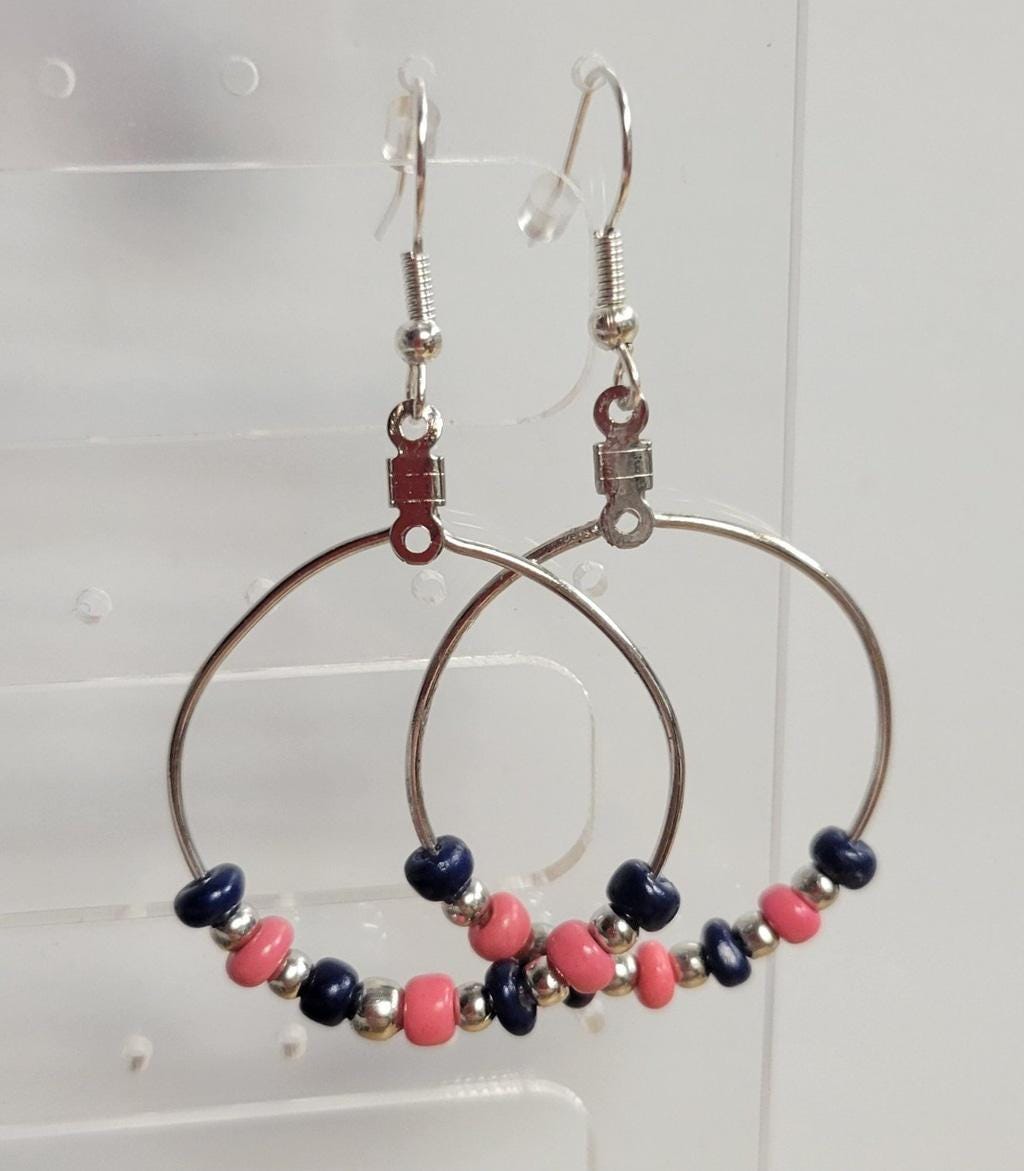 Handmade blue & pink glass bead hoop pierced earrings