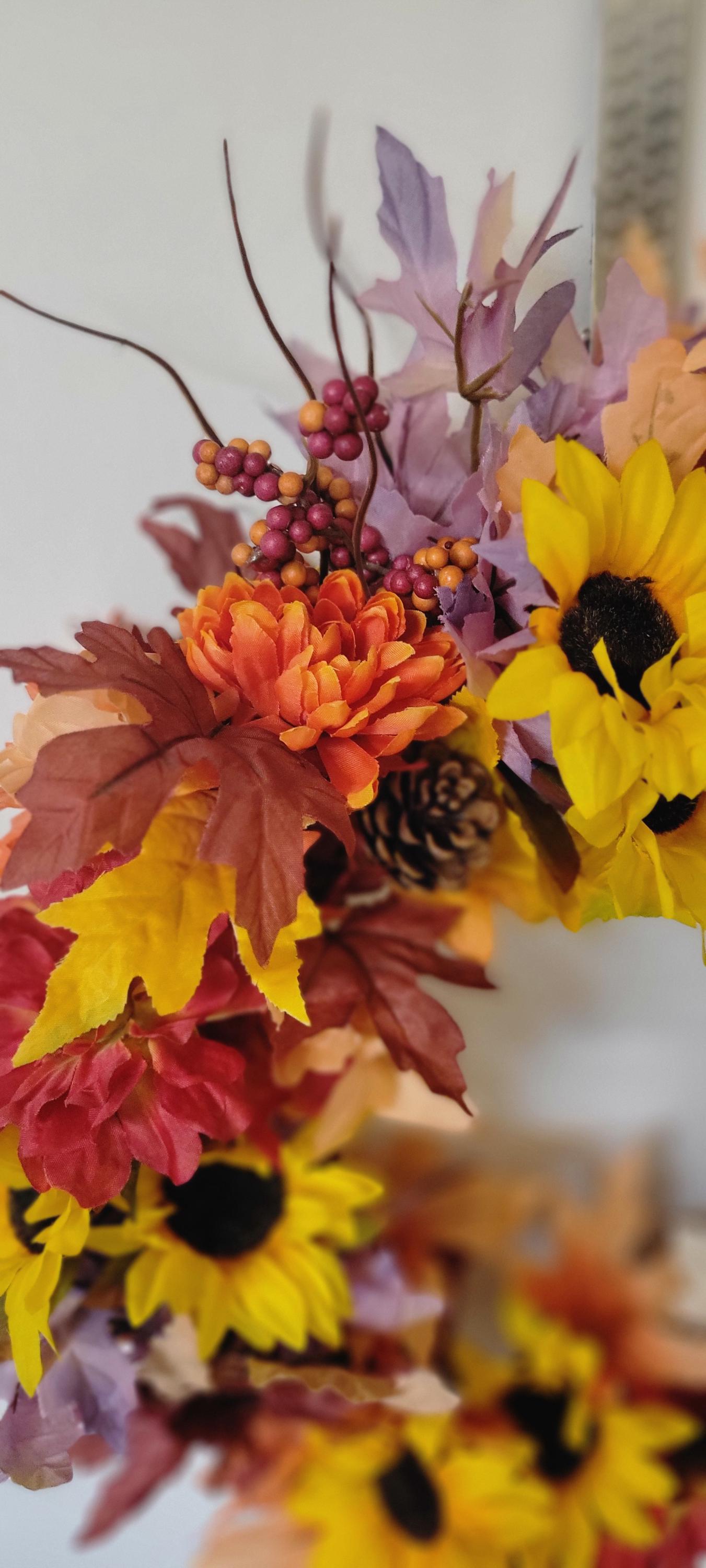 Hand Crafted Festive Fall Autumn Thanksgiving Wreath Door Hanging with Sunflowers and Pinecones