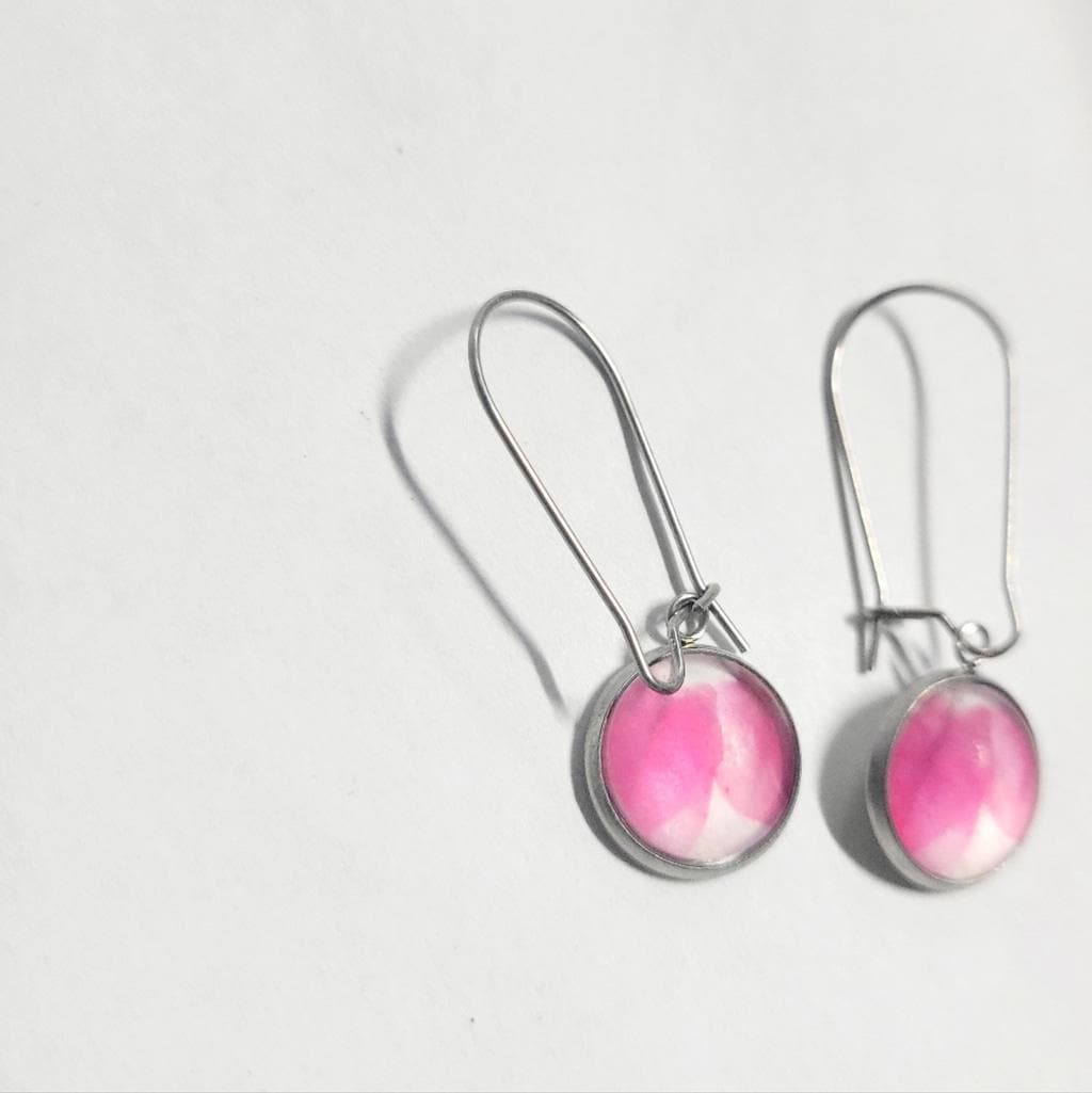 Artisan made pink watercolor leaf latch back drop earrings
