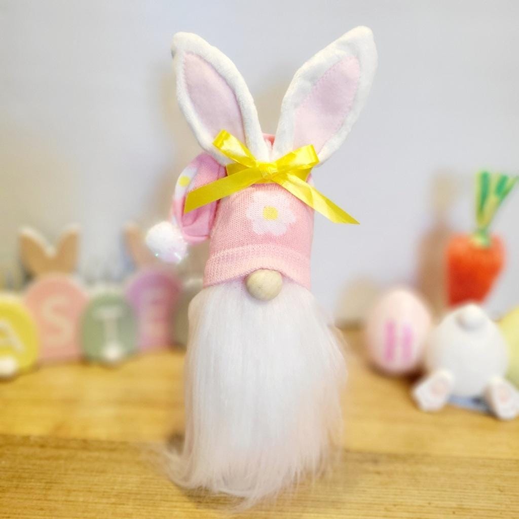 Pink Bunny Spring Gnome with Yellow Bow Decor 11"