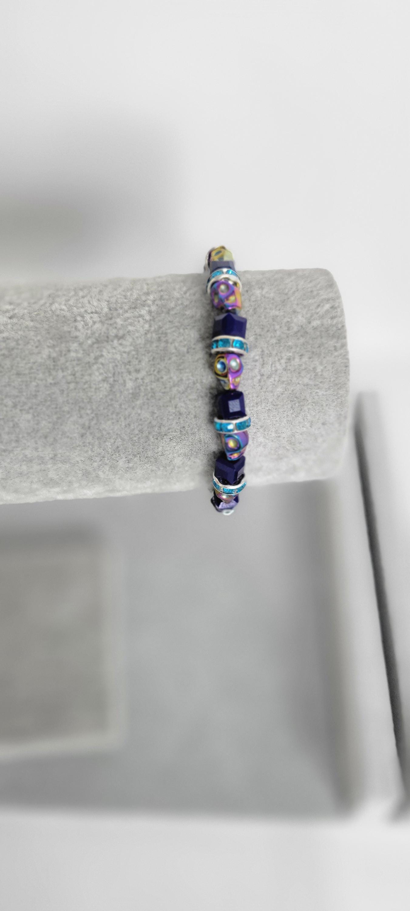 Hand crafted Halloween iridescent skull beaded bracelet