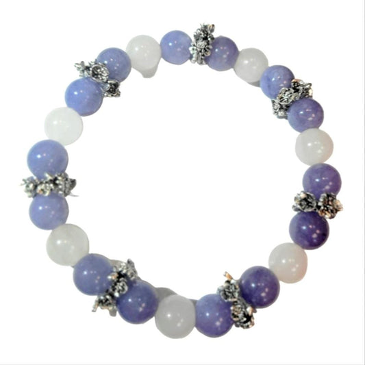 Natural Angelite and Selenite Crystal With Butterflies Floral 7" Beaded Bracelet