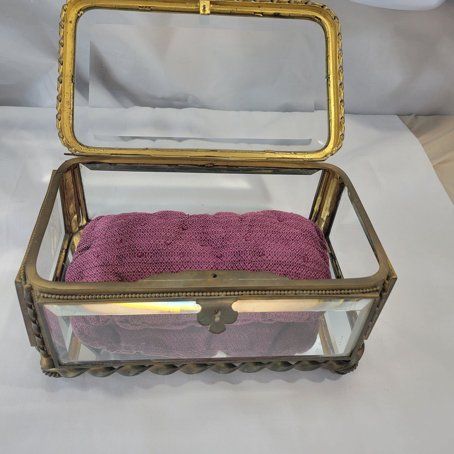 Antique French brass and glass footed jewelry box