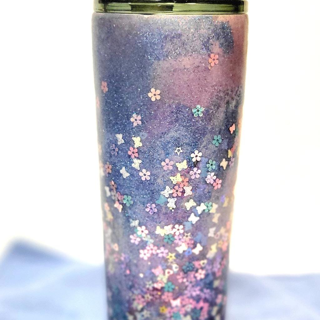 Hand Crafted Purple Glitter 30 Oz Tumbler Butterfly Floral Accents
