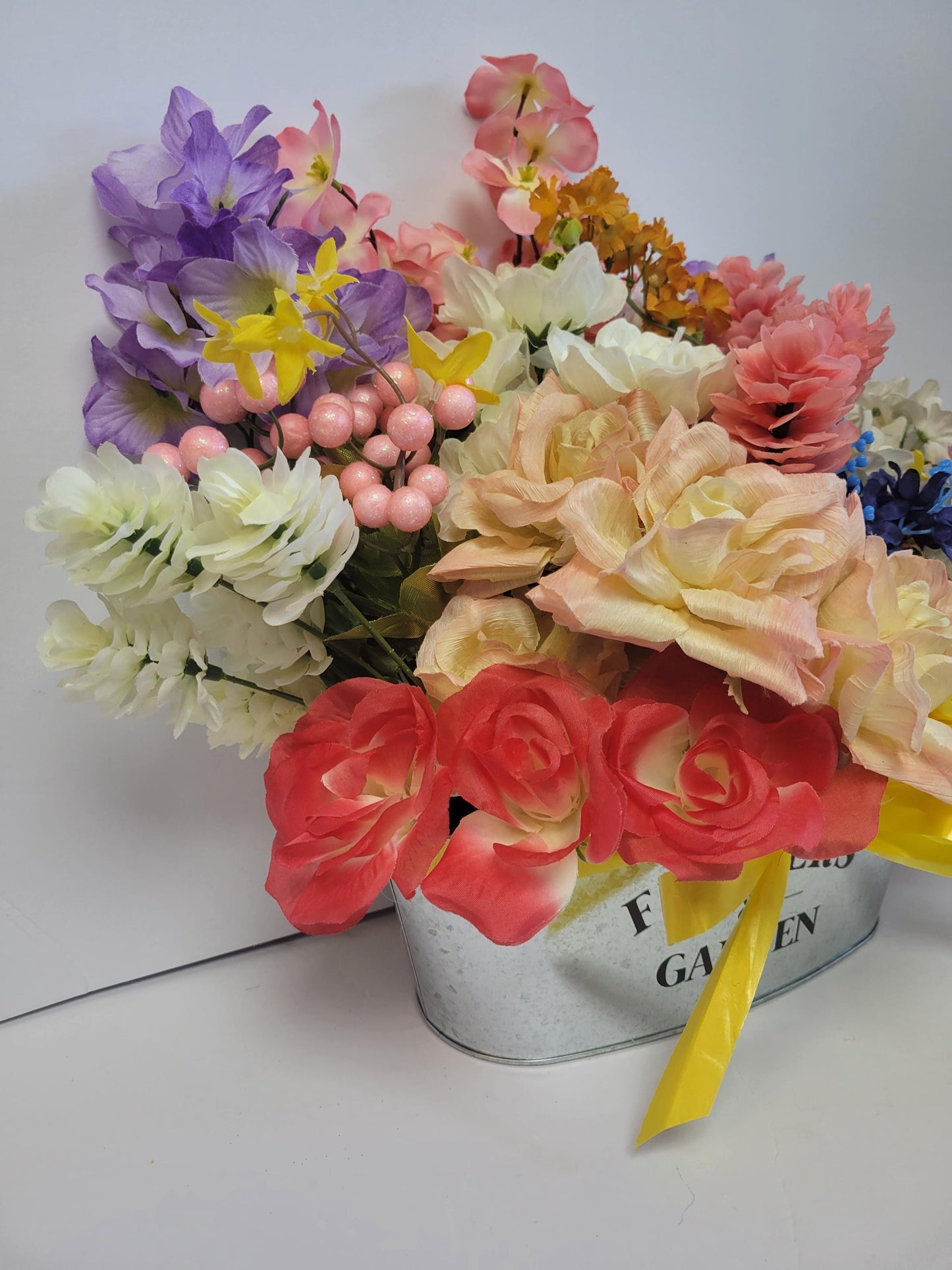 Colorful Floral Arrangement in Metal Flowers & Garden Planter Hand Crafted