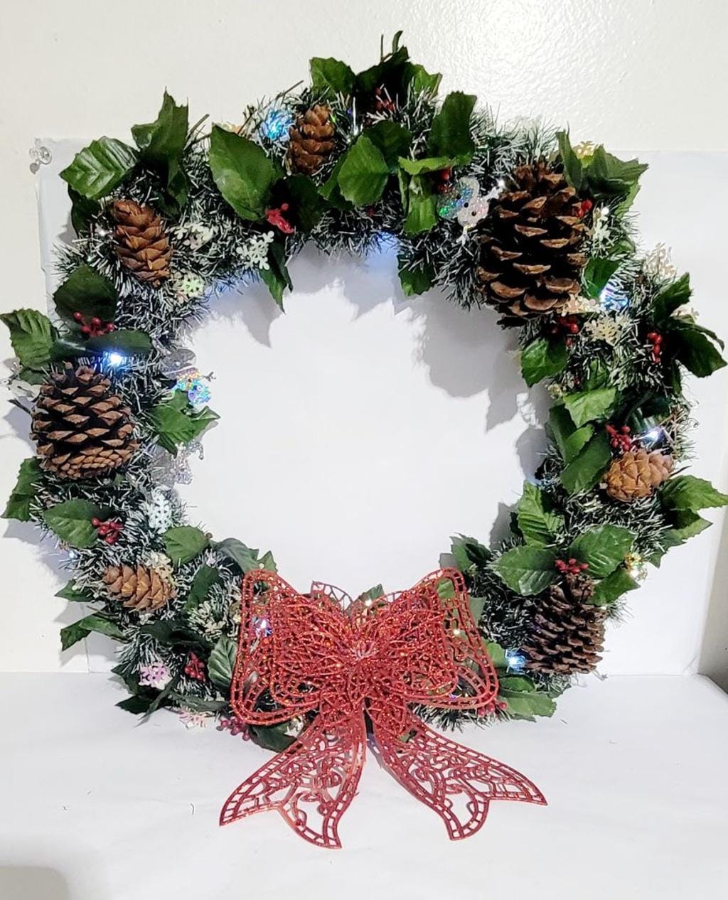 **SOLD** Handcrafted upcycled pre-lit 14" Christmas wreath door hanging wall decor