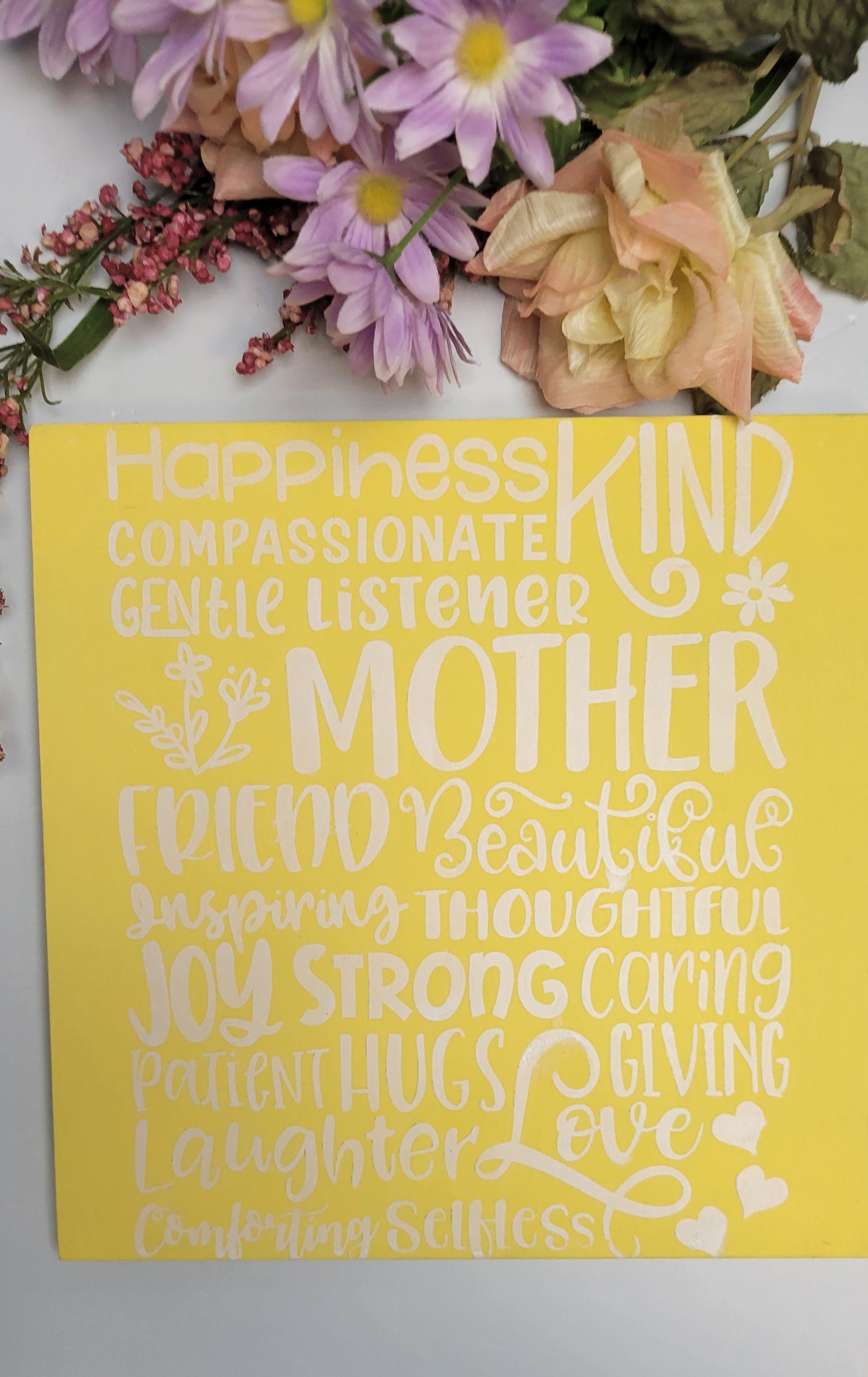 Handpainted Mother's Day Wood Sign: Cheerful Yellow Table Art