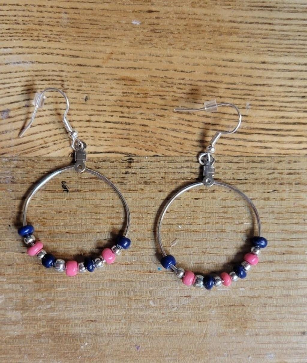 Handmade blue & pink glass bead hoop pierced earrings