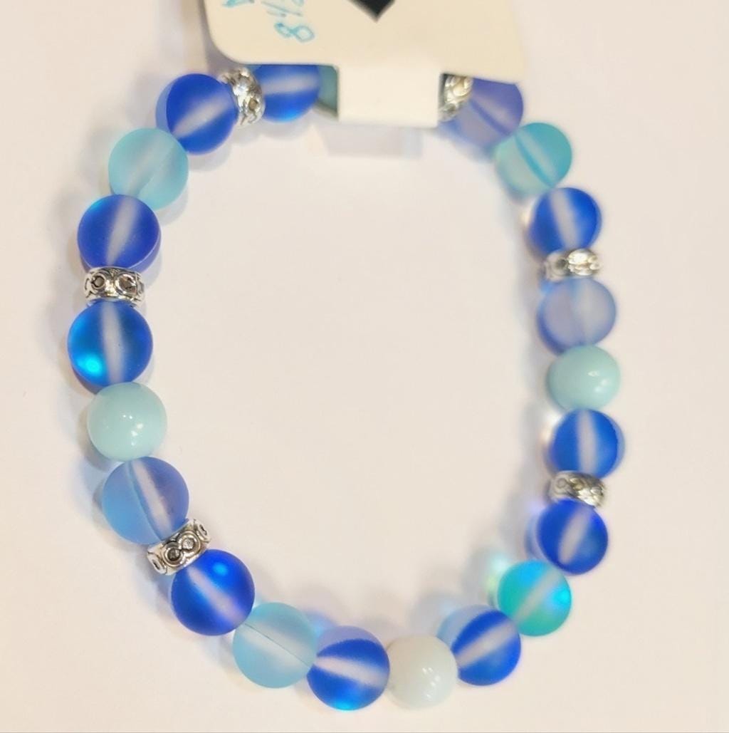 Glass Moonstone Beaded Bracelet 8.5"