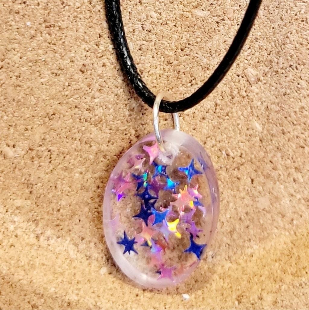 Starry Resin Oval Pendant Corded Necklace
