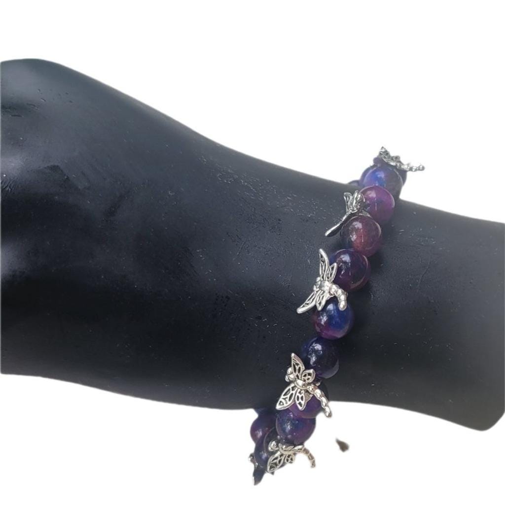 Natural Sugilite crystal silver dragonfly beaded bracelet 7.5"