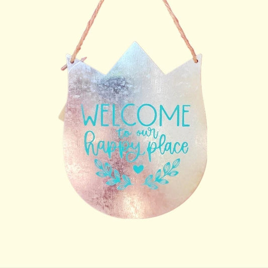 Galvanized Steel Tulip With Blue Welcome To Our Happy Place Door Hanging