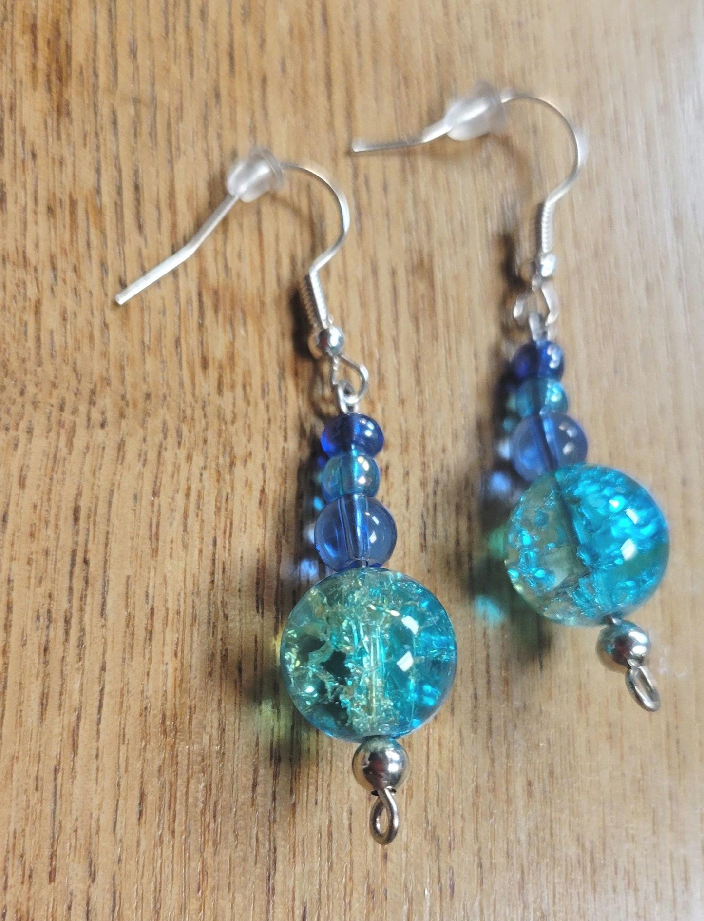 Glass bead dangle hook earrings in blues & greens
