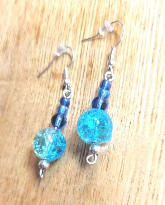 Glass bead dangle hook earrings in blues & greens