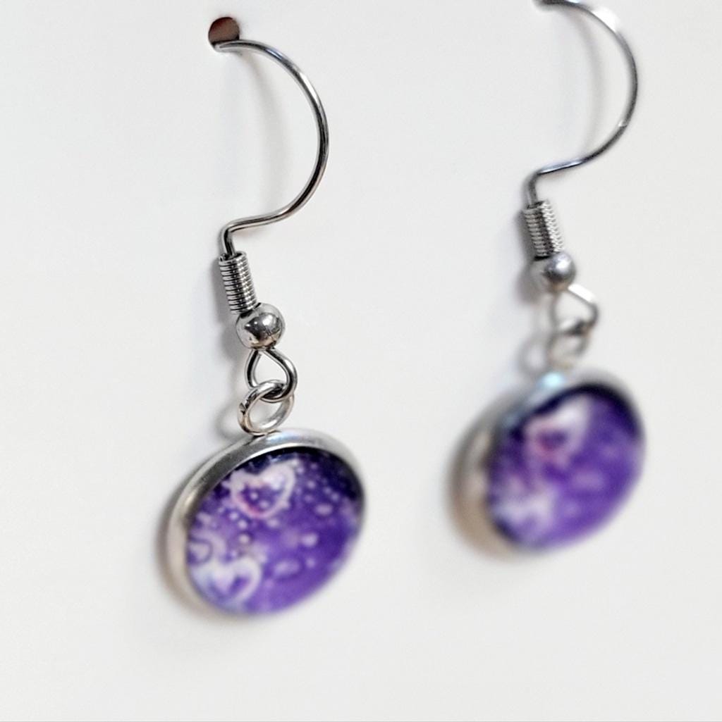 Purple heart bubble dangle drop earrings
