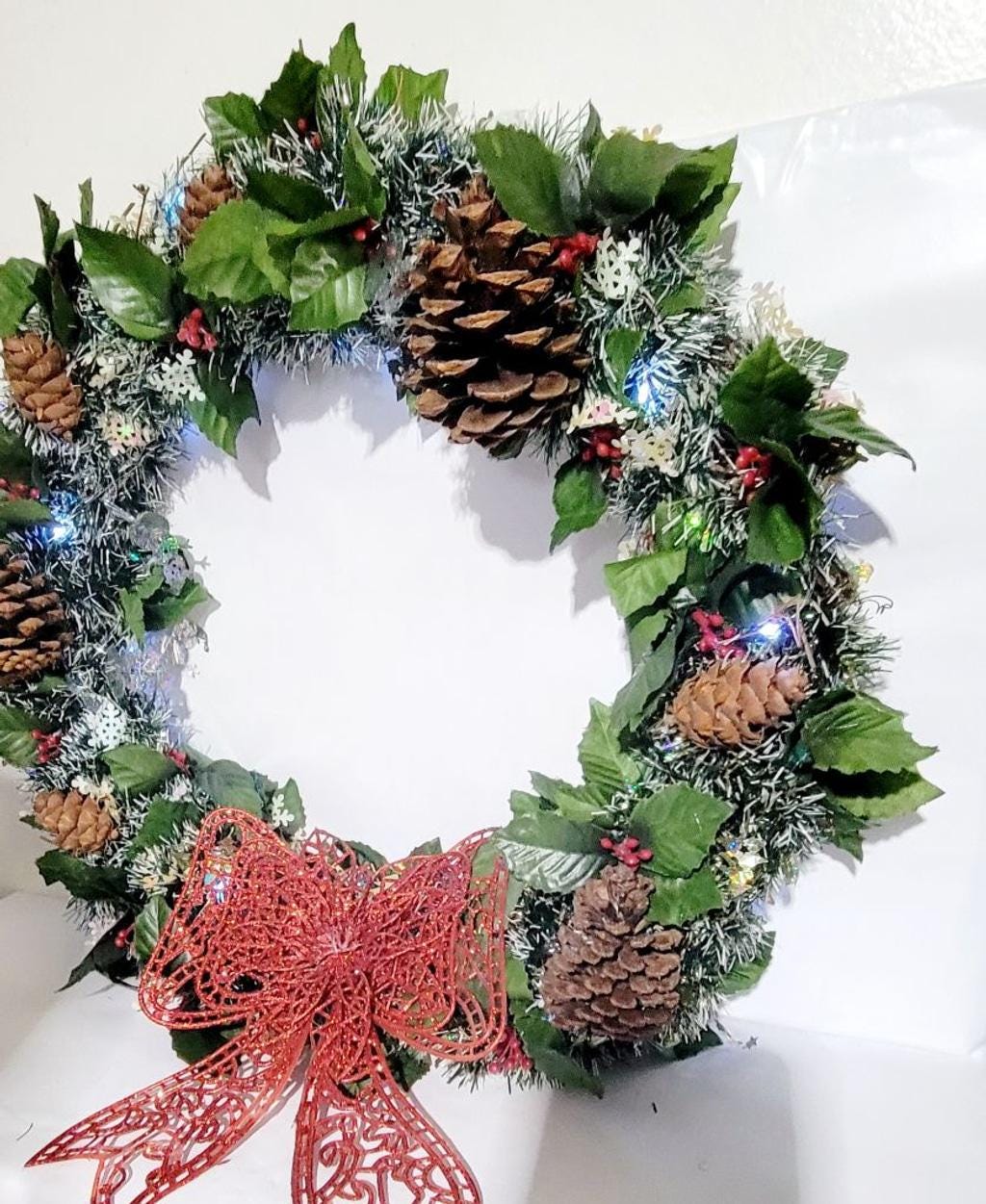 **SOLD** Handcrafted upcycled pre-lit 14" Christmas wreath door hanging wall decor