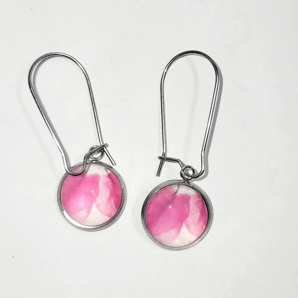 Artisan made pink watercolor leaf latch back drop earrings