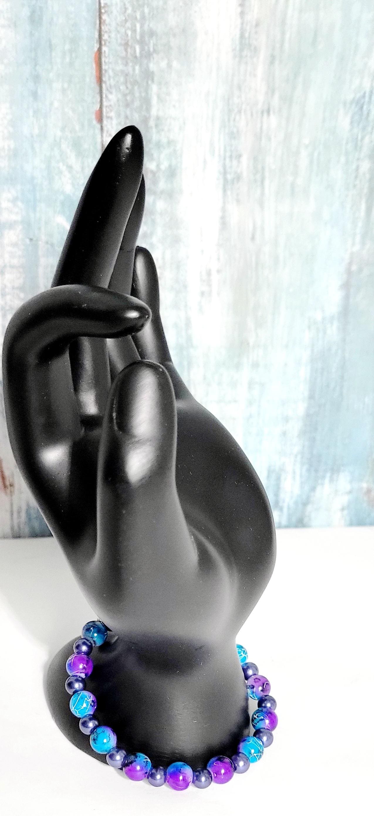 Hand crafted purple and blue acrylic bead and purple glass beaded bracelet