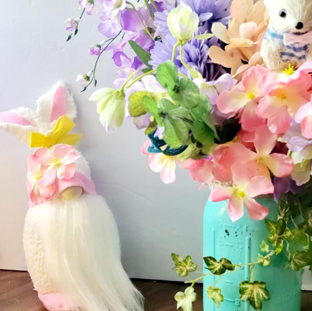 Pink Plumeria Flower Easter Bunny Spring Time Gnome