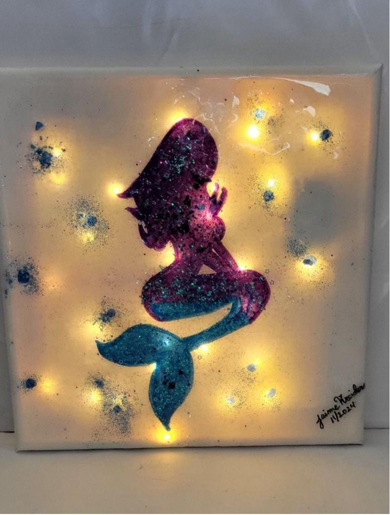 Hand crafted handpainted mermaid abstract glitter and crushed glass resin canvas