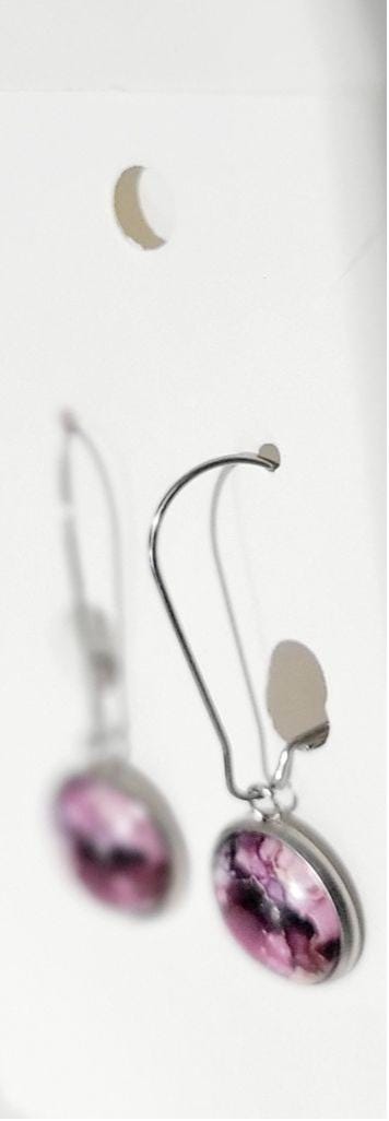 Handmade purple watercolor cabochon latch hook dangle drop earrings