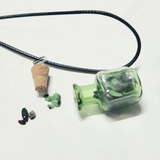 Hand crafted natural Ruby Zoisite crystal mini wish bottle pendant necklace