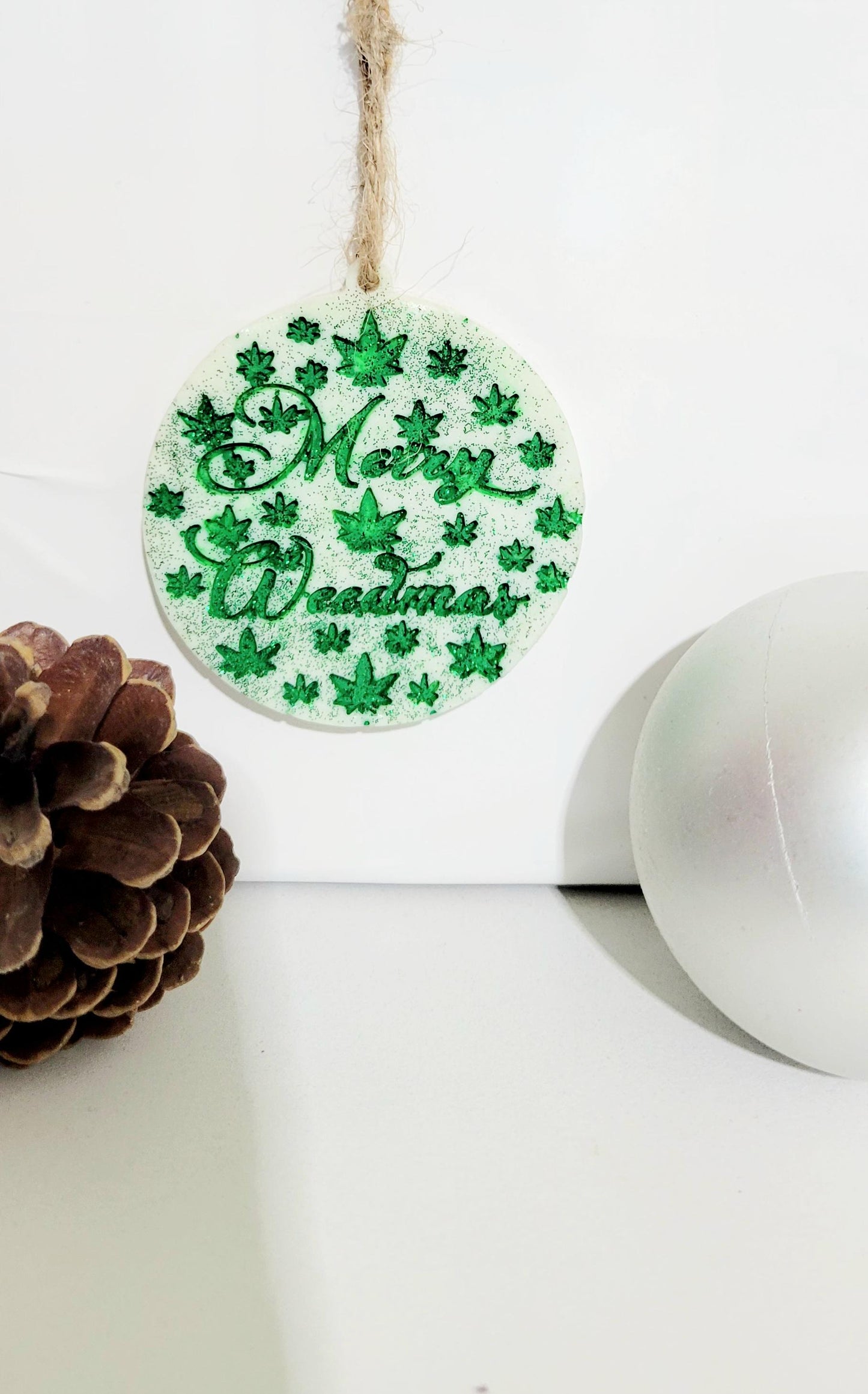 Green and White Hand Crafted Merry Weedmas Holiday Ornament