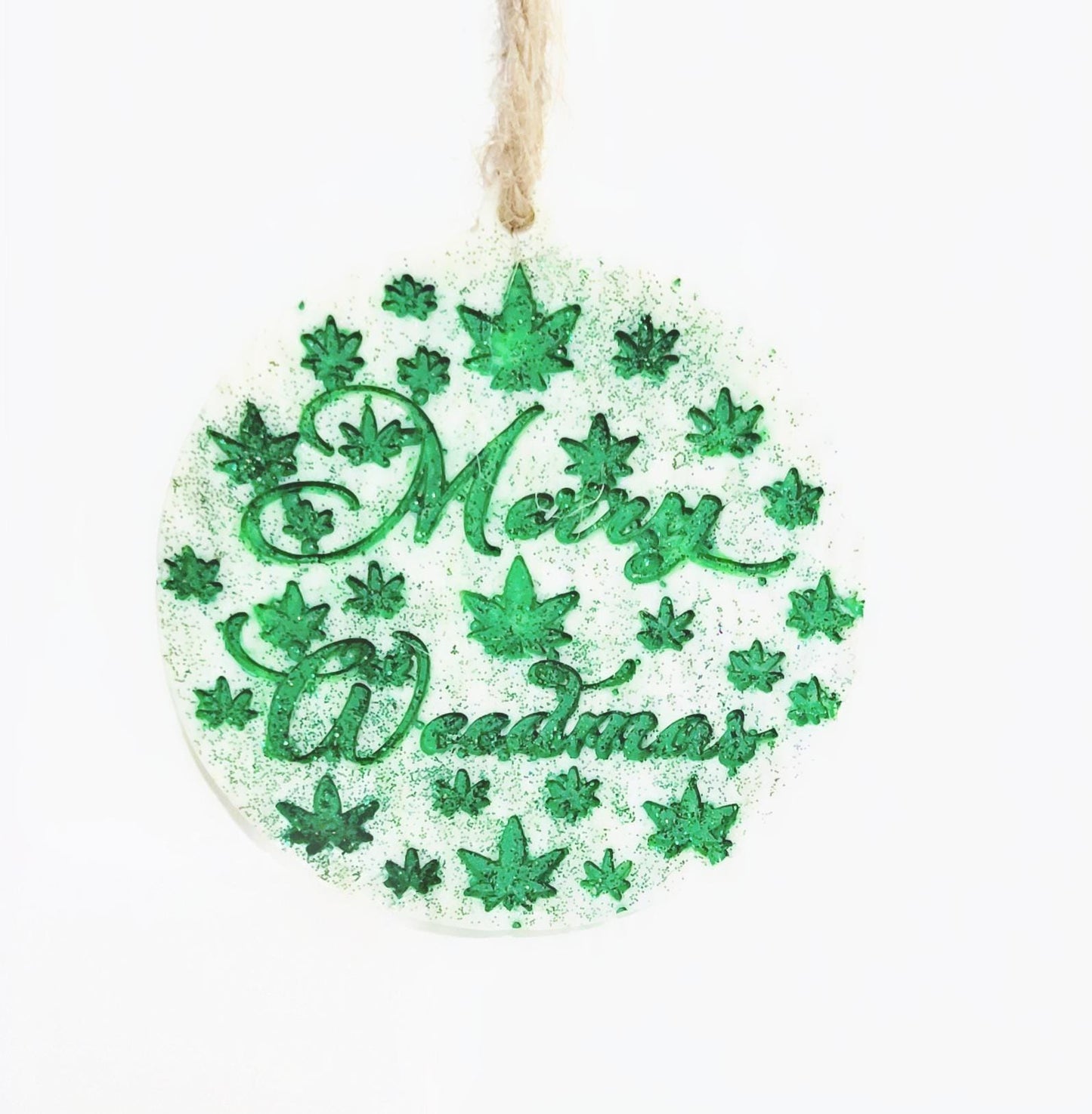 Green and White Hand Crafted Merry Weedmas Holiday Ornament
