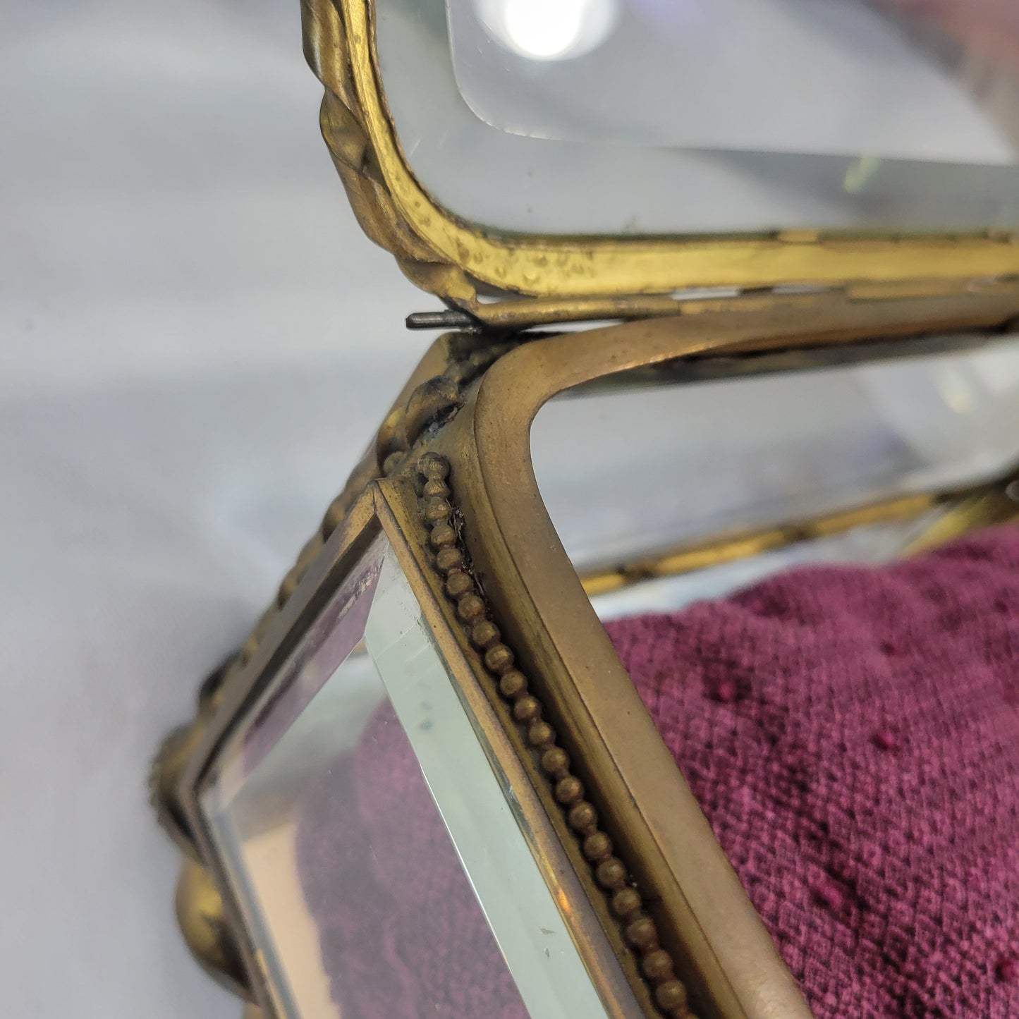 Antique French brass and glass footed jewelry box