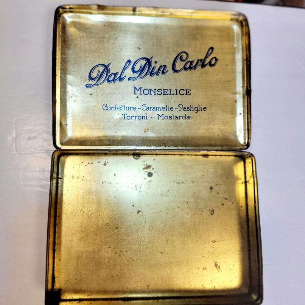 Vintage lithographed Dal Din Carlo Hinged Tin Box