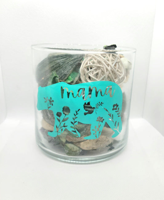 Handpainted Mama Bear Glass Candle Jar: Turquoise Bear Design