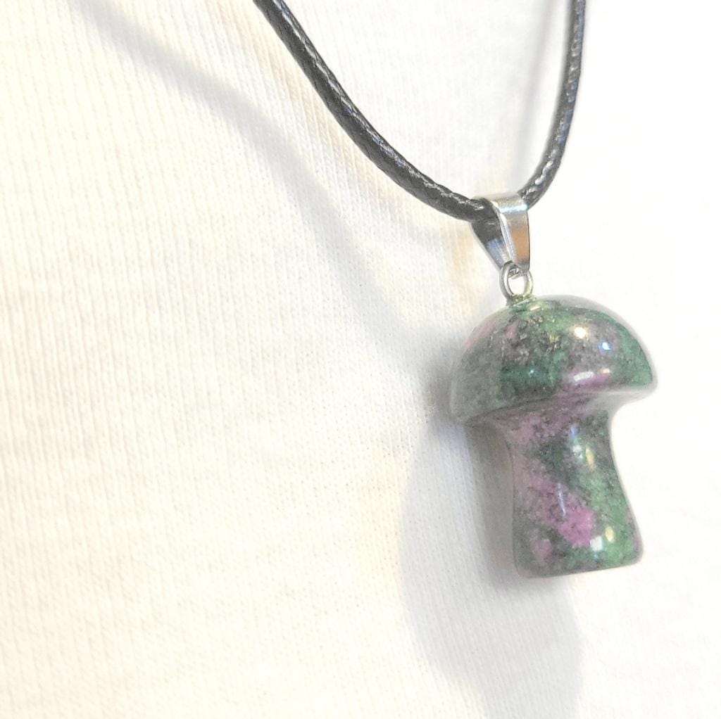 Natural Ruby Zoisite 1/2" Mushroom Crystal Pendant Necklace