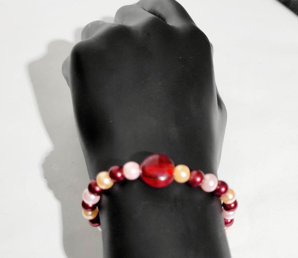 Pearlescent glass and cherry beaded bracelet hand crafted