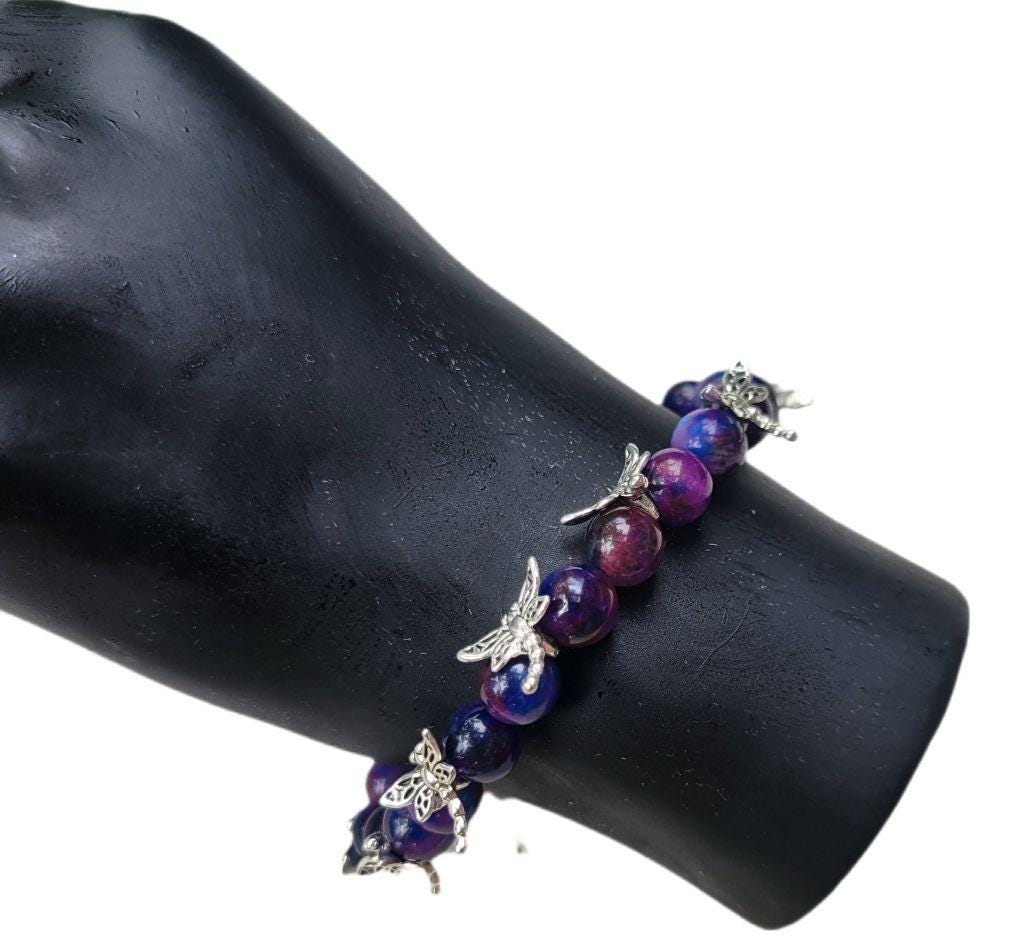 Natural Sugilite crystal silver dragonfly beaded bracelet 7.5"