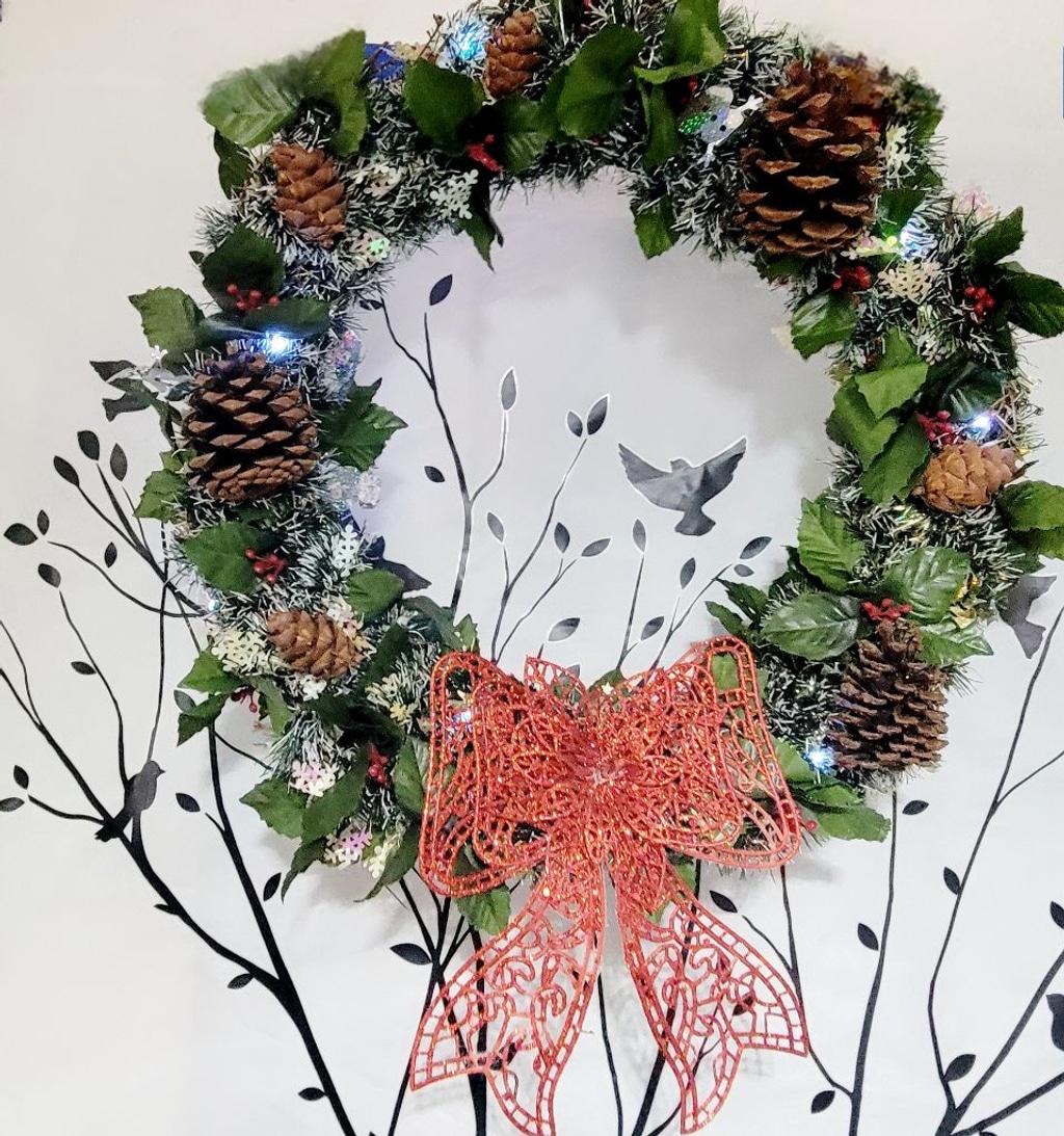 **SOLD** Handcrafted upcycled pre-lit 14" Christmas wreath door hanging wall decor