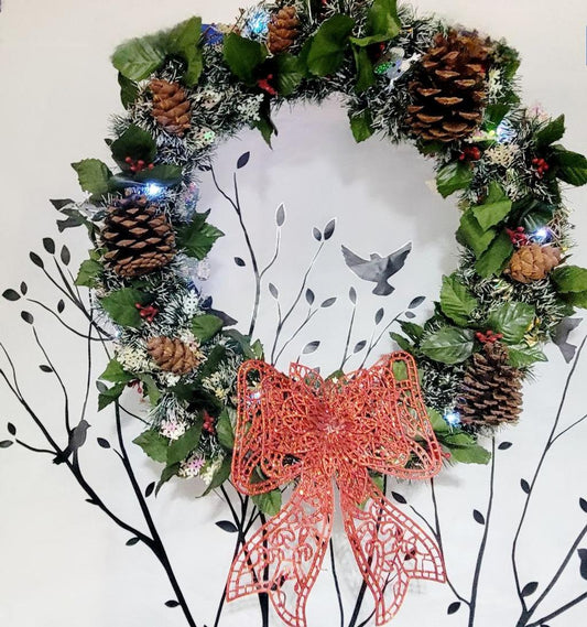 **SOLD** Handcrafted upcycled pre-lit 14" Christmas wreath door hanging wall decor