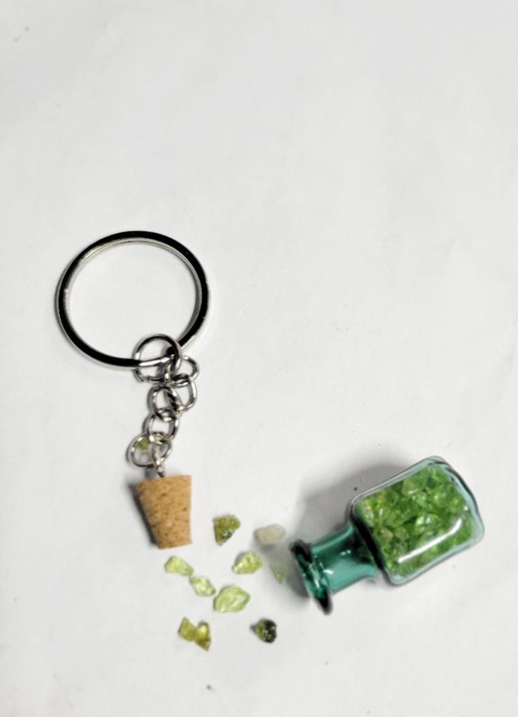 Hand crafted natural Olivine crystal mini wish bottle pendant keychain