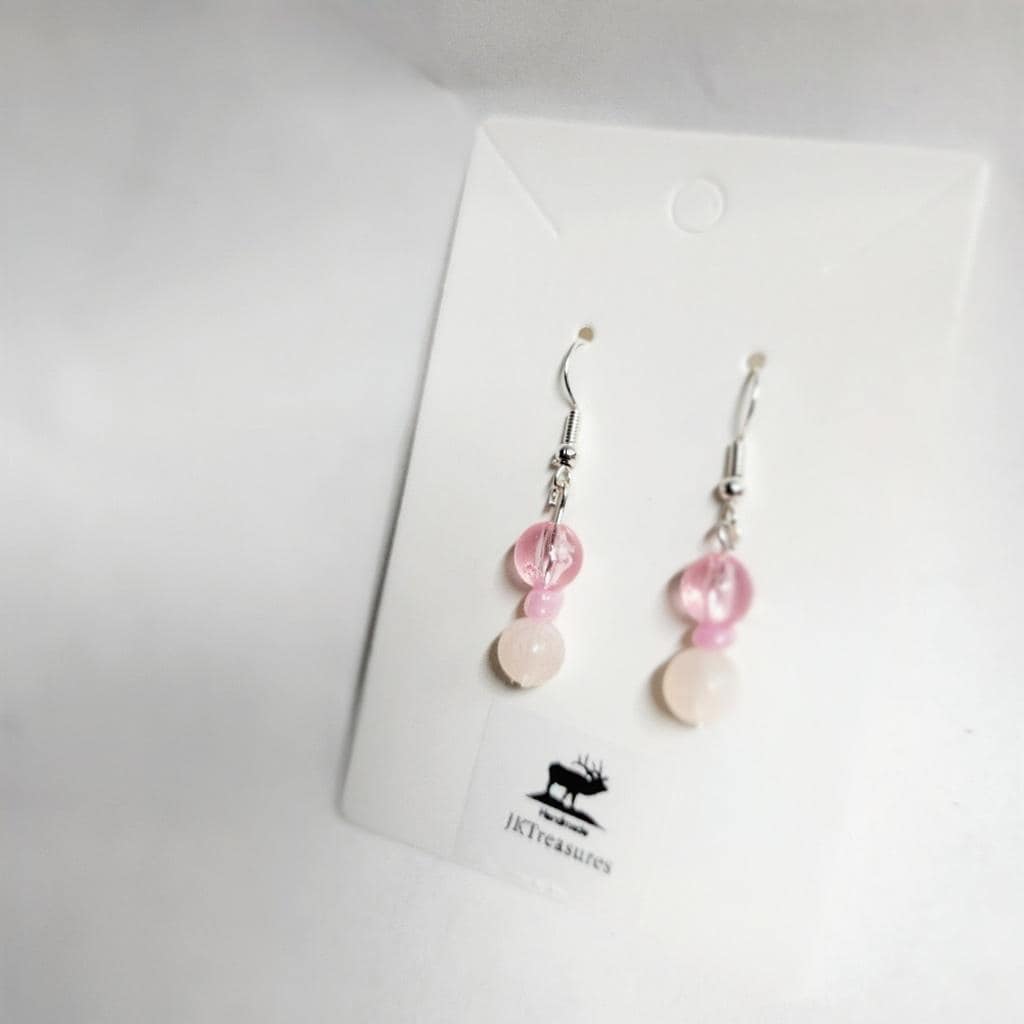 Hand crafted natural rose quartz crystal bead and pink glass bead dangle earrings