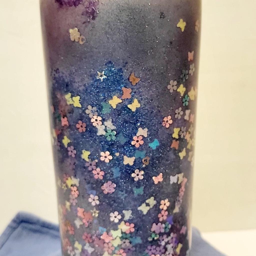 Hand Crafted Purple Glitter 30 Oz Tumbler Butterfly Floral Accents