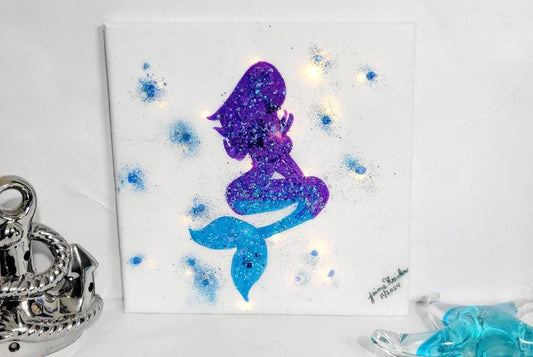 Hand crafted handpainted mermaid abstract glitter and crushed glass resin canvas