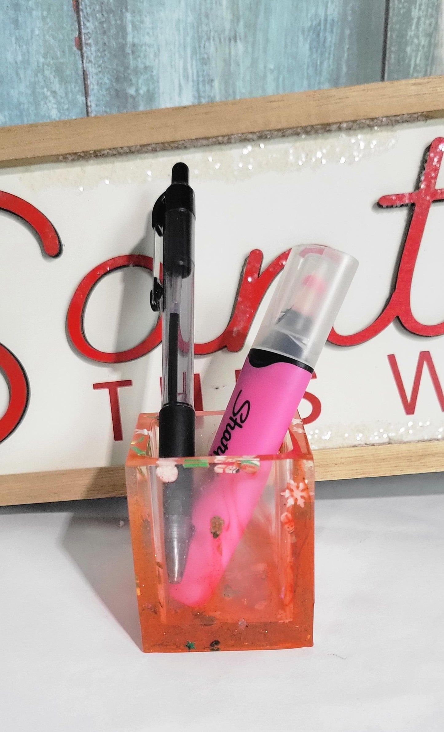 Hand crafted Christmas themed resin pen holder