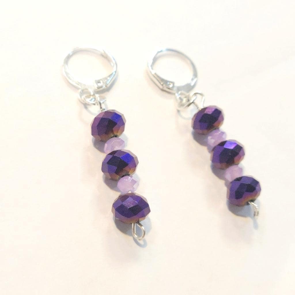 Purple Metallic & Lilac Faceted Beaded Dangle Drop Earrings 925 Stamped