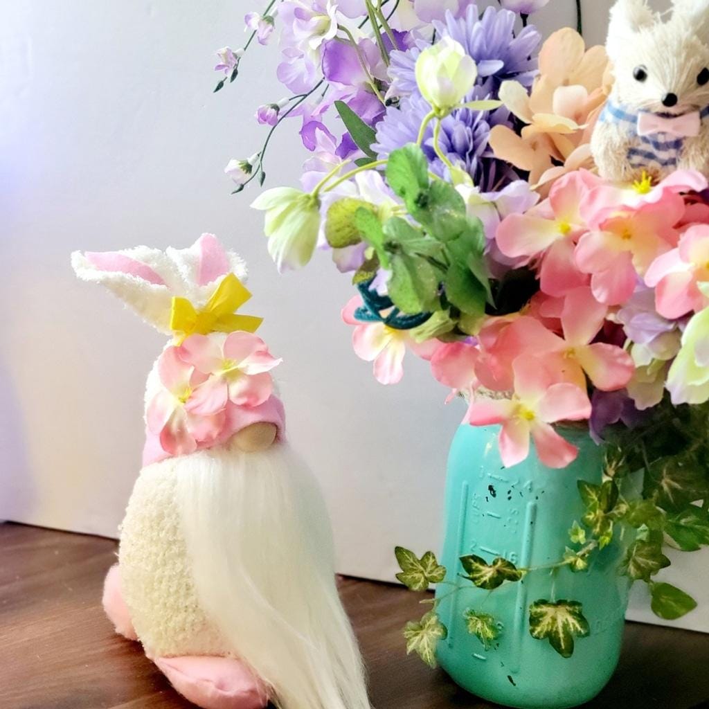 Pink Plumeria Flower Easter Bunny Spring Time Gnome