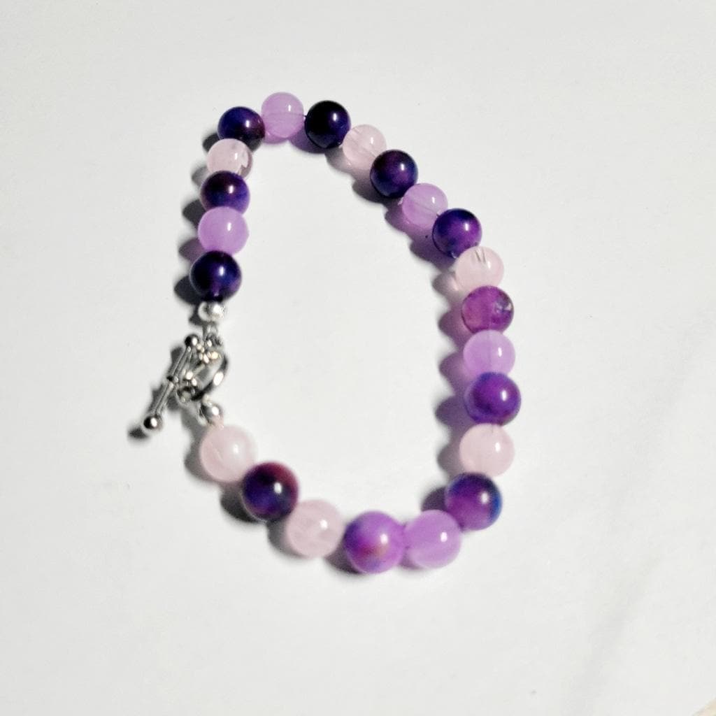 Natural Sugilite Rose Quartz Amethyst Crystsls Beaded Wire Bracelet Toggle Clasp 8" Hand Crafted