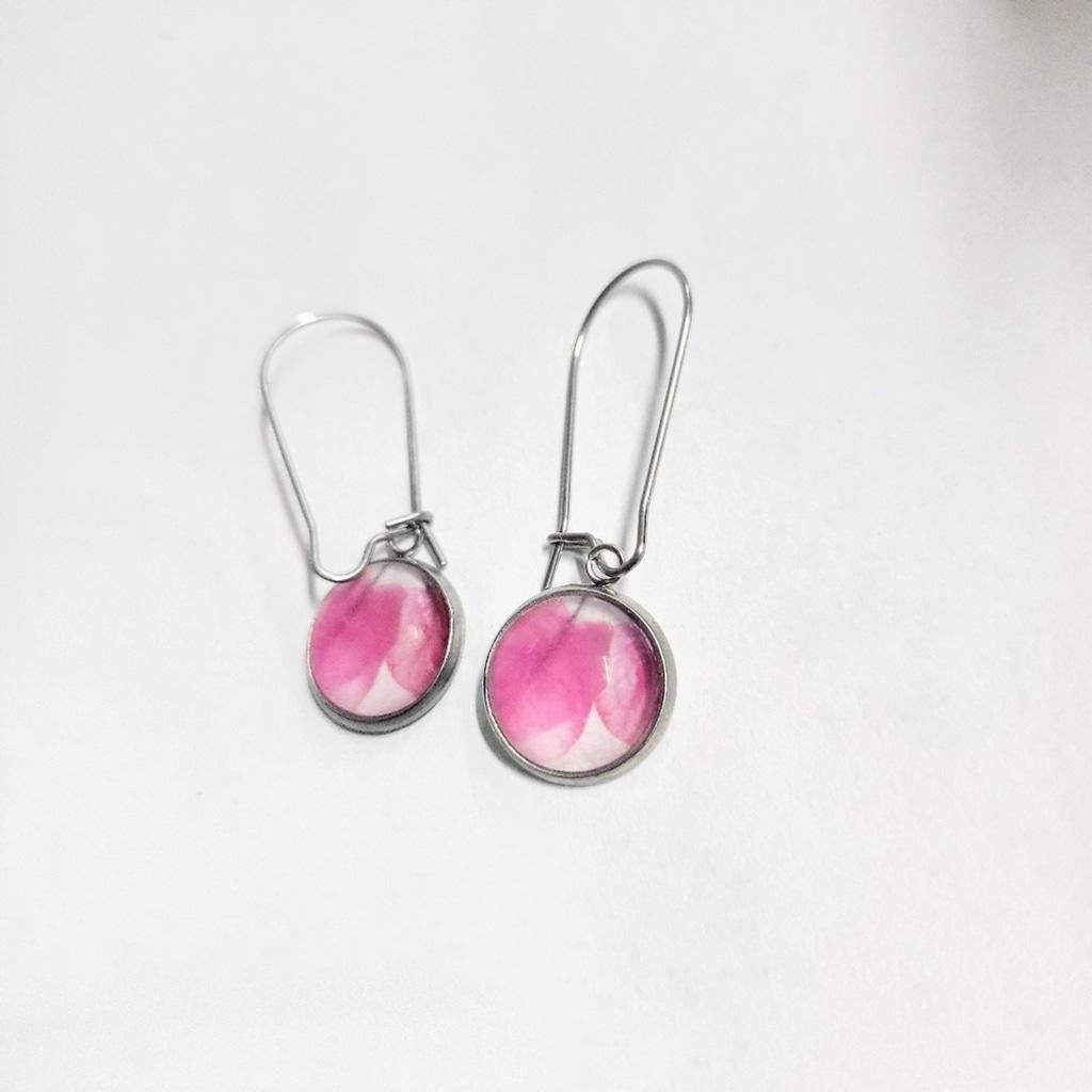Artisan made pink watercolor leaf latch back drop earrings