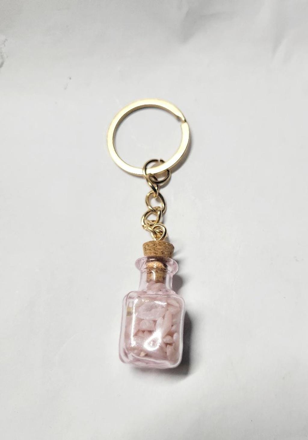 Hand crafted natural pink opal crystal mini wish bottle keychain