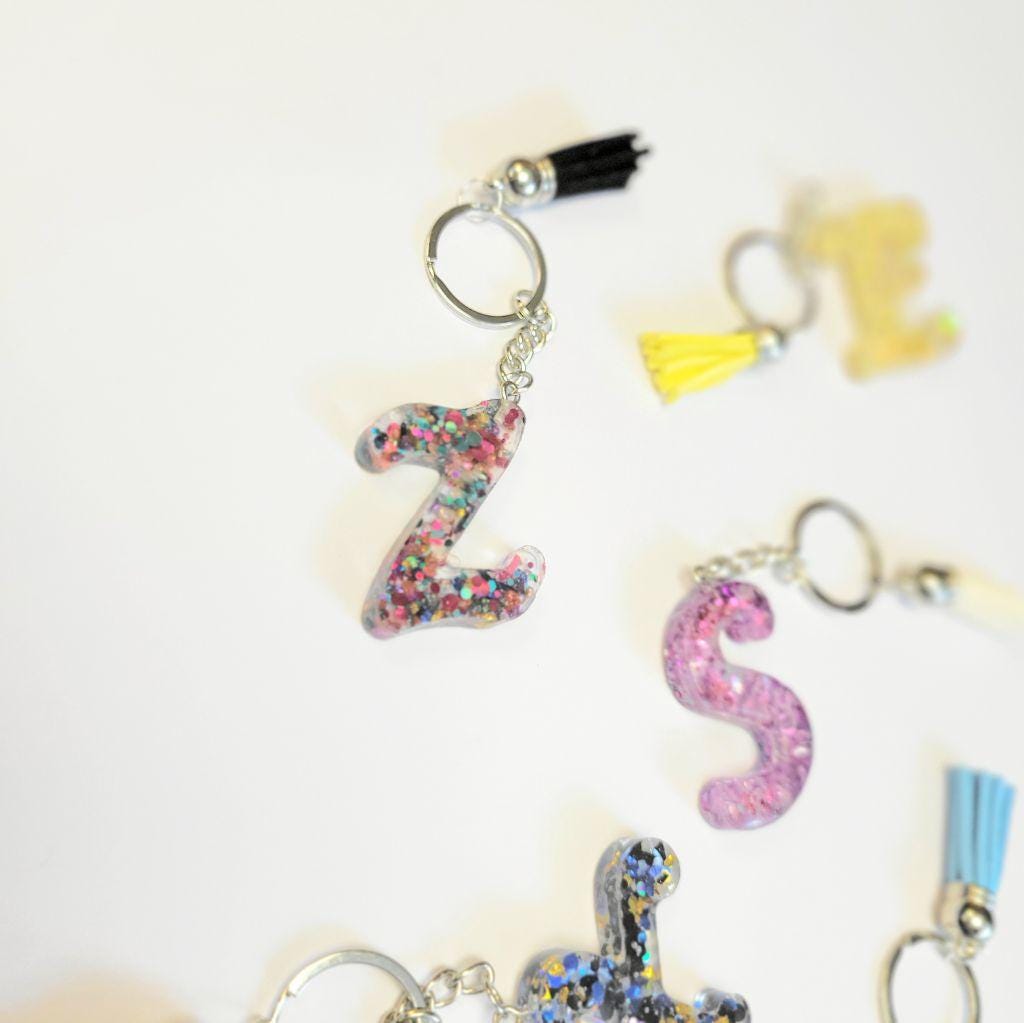 Personalized, 1.5" Resin,Shattered Glass,Glittery, Alphabet Keychains,bag charms