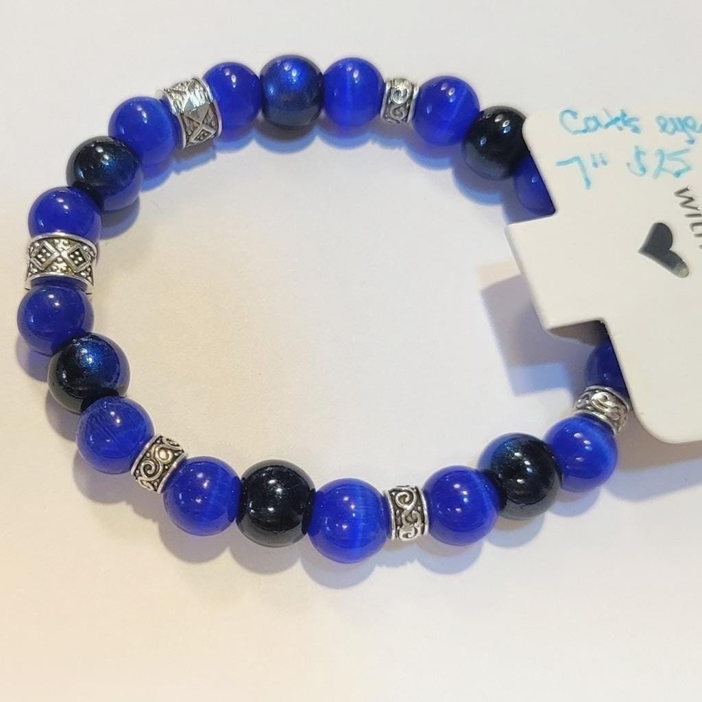 Natural Crystal Cat's Eye & Glass Beaded Bracelet 7"