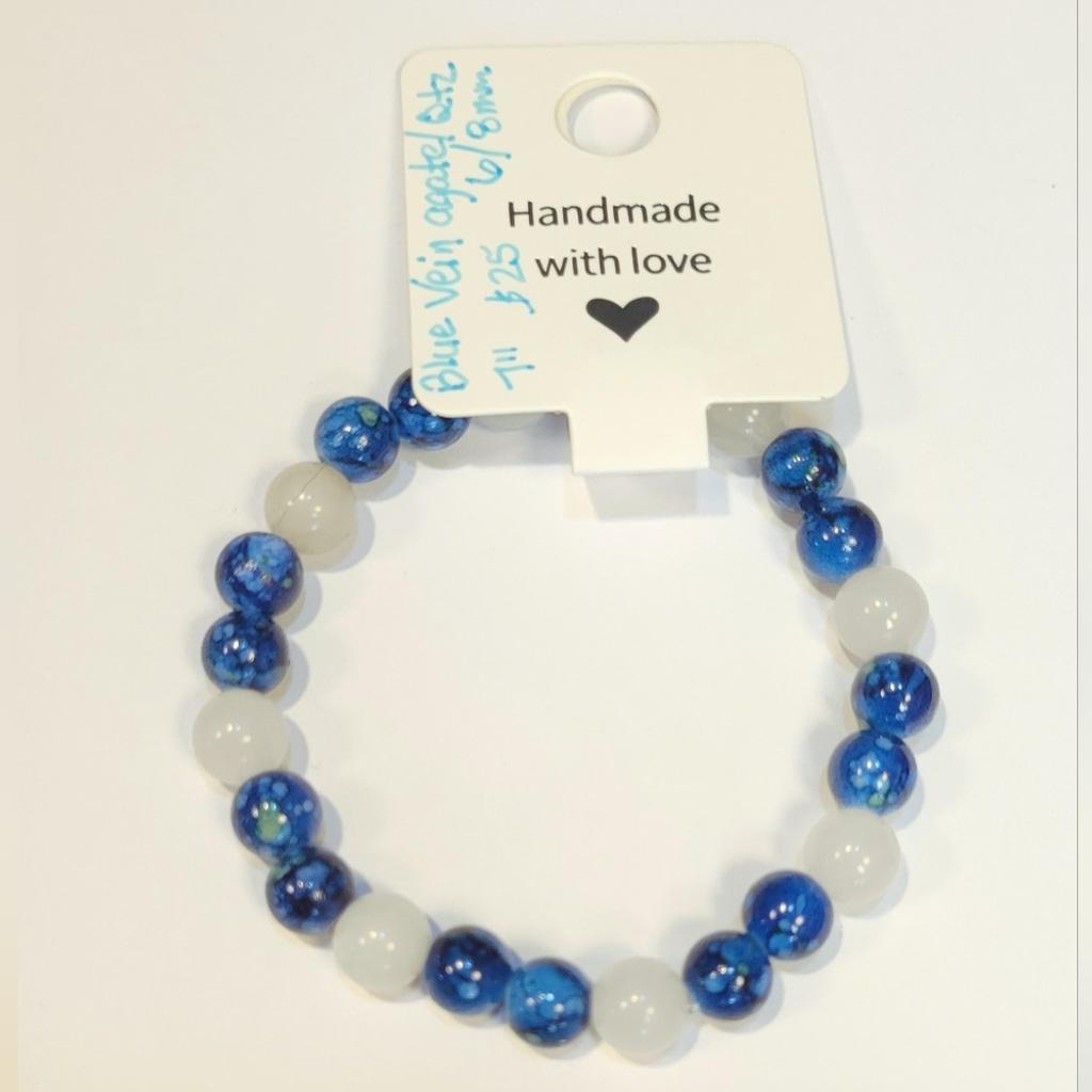 Natural Crystal Blue Vein & Clear Quartz Beaded Bracelet 7"